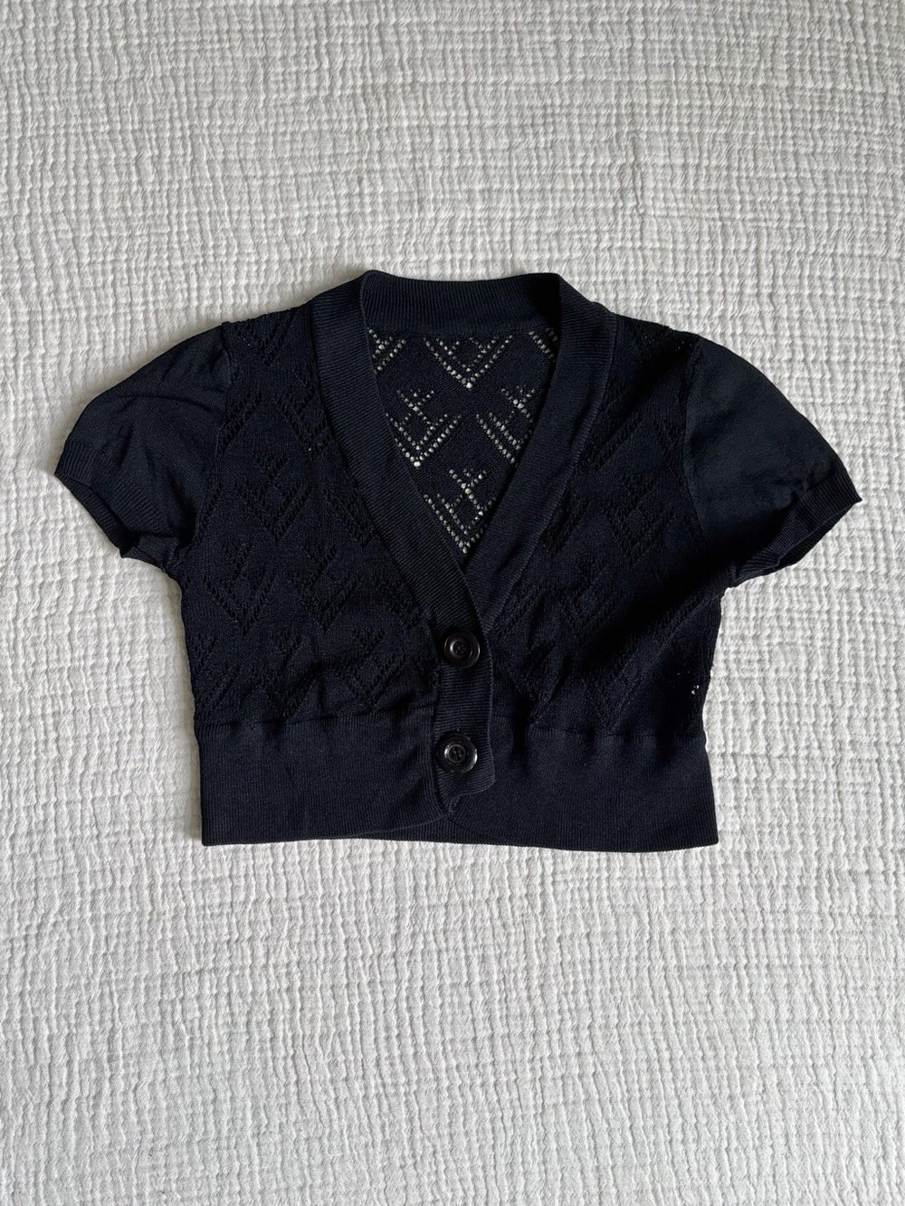 whimsygoth y2k black cropped pointelle knit short sleeve cardigan shrug sweater